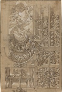 Illusionistic Ceiling with a Grape Arbor, Figures Poised on Galleries, and a Central..., c. 1570-1580
