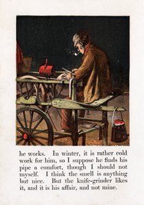 Itinerant knife grinder sharpening a blade by turning a grindwheel with a treadle by Unbekannt