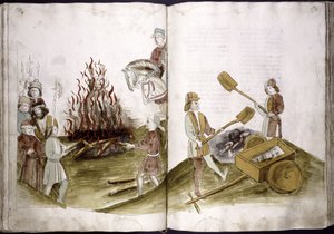 John Hus is burnt at the stake July 6, 1415 and his ashes are cast into the Rhine (from Ulrich Richental Chronicle of the Coun) by Unbekannt