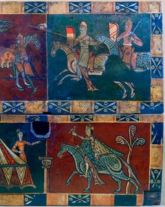 Knights on horseback and king with a falcon, 12th century
