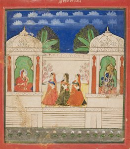 Krishna and Radha in two pavilions