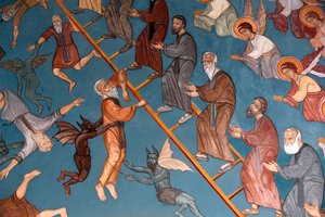 Kykkos monastery, Cyprus. The Ladder of Divine Ascent with the good on the right and the bad on the left