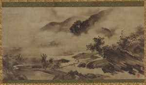 Landscape: mountains, mist and stream