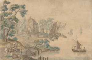 Landscape with Horses and Carts and a River at Right