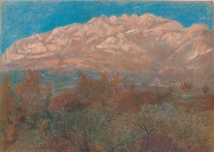 Landscape with the Rose and Purple Mount Resegone Behind the Foliage of the Trees Under a Blue Sky by Unbekannt