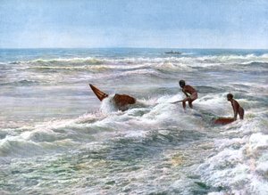 Launching a catamaran off the coast of Madras, India, early 20th century
