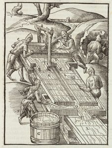 Washing gold ore in wooden trays filled with water - Engraving from Description of ores and main mining methods, by Lazarus Ecker by Unbekannt