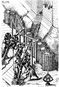 Laying siege canon on target, from Le diverse et artificiose machine