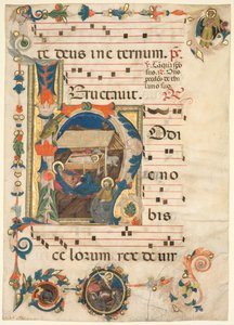 Leaf from an Antiphonary with Historiated Initial H with The Nativity Recto, Early 1300s by Unbekannt