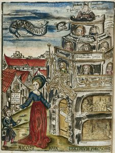 The Liberal Arts, Grammar: Nicostrata (also called Carmenta), Holding a Hornbook, Manual for Teaching (here, an Alphabet Book) and a Key, Opening the Door of the Tower of Learning to a Child by Unbekannt