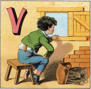 Letter V as vasistas. Curious child looking out of a window. Engraving in "Alphabet des petits ecoliers". Imaging of Epinal, circa 1885