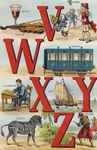 Letters V W X Y Z; Steering wheel; Wagon; Xylograph; Yacht; Zebra; Zouave (Engraving in "Alphabet de ma petite fille")