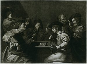 Lute, violin and black curved zink, Italian engraving of the year 1784, 1948