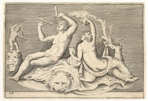 Man Playing Two Flutes and Woman on Lionskin, published ca. 1599-1622 by Unbekannt