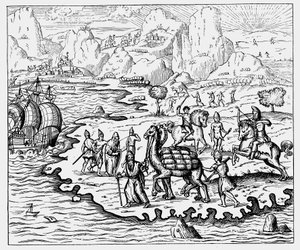 Merchants Transporting Goods to the Coast and a Waiting Vessel by Camel, 1575 by Unbekannt