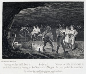 Salt mine: crossing the salt lake inside the mountain, around 1850, in Durrnberg, Austria by Unbekannt