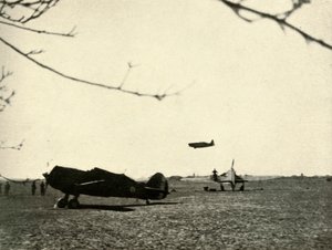 Morane 406 at Vassincourt Aerodrome with French Curtiss Hawk and Hurricane by Unbekannt