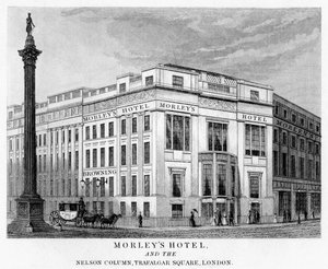 Morleys Hotel and Nelsons Column, Trafalgar Square, Westminster, London, 19th century