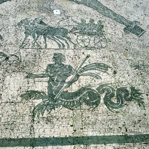 Mosaic, Carts pulled by mules with travellers, Cisarii by Unbekannt