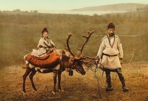 Norway. Lapps (Sami) with a Reindeer. Around 1900. Photochrom. Photograph by Photoglob / Zurich