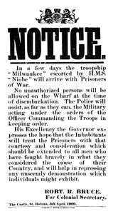 Notice of the Arrival of Boer Prisoners of War on the Milwaukee, St Helena, 5th April 1900