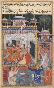 Page from Tales of a Parrot Tuti-nama: Eighth night: The deceitful wife assaults, c. 1560 by Unbekannt