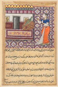 Page from Tales of a Parrot Tuti-nama: Fiftieth night: The parrot addresses Khujasta..., c. 1560