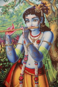 Painting Depicting Hindu God Krishna Playing a Flute Outdoors by Unbekannt