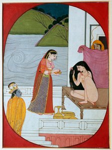 Painting of the god Khrishna watching Radha at her bath by Unbekannt