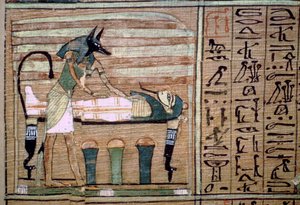 Papyrus of Anubis preparing a mummy