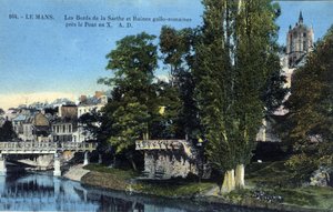 Pays de la Loire, Sarthe, Le Mans: the banks of the Sarthe and the Roman gallo ruins near the X bridge - Postcard late 19th-20th century by Unbekannt