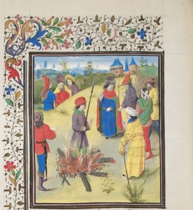 Peter Bartholomew Undergoing the Ordeal by Fire. Miniature from the Historia by William of Tyre