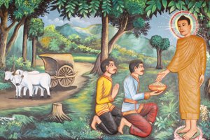 Preah Prom Rath Monastery: Life of the Buddha: Siddhartha Gautama Received Food Given by Two Brahmans