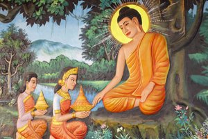 Preah Prom Rath Monastery: Life of the Buddha: The Renunciation: One Morning, a Girl Named Sujata Offered Siddhartha Some Delicious Milk-Rice Porridge by Unbekannt