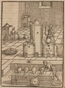 Preparation of Liquids Used to Extract Silver Ore from Gold Ore - Engraving from Description of Ores and Principal Mining Methods, by Lazarus Ecker by Unbekannt