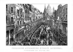 Procession approaching St Pauls Cathedral, Thanksgiving Day, 27 February by Unbekannt