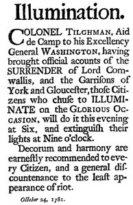 Proclamation of Illuminations Commemorating the Surrender of General Cornwallis