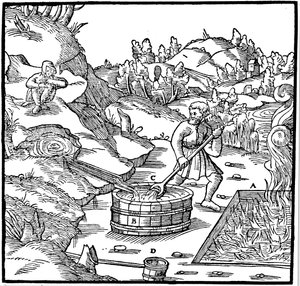 Producing salt by evaporating natural brine by pouring it into a pit of burning charcoal, 1556 by Unbekannt