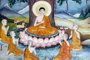 Quan The Am Bo Tat Temple (Pagoda of Avalokitesvara Bodhisattva). Shakyamuni Buddha Preaching the Sermon - The Wheel of Law - to His Five Disciples. Vung Tau, Vietnam