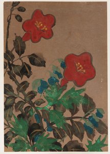 Red and blue flowers and foliage by Unbekannt
