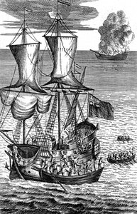 Robinson Crusoe Saves the Crew of a Ship on Fire at Sea, c1719