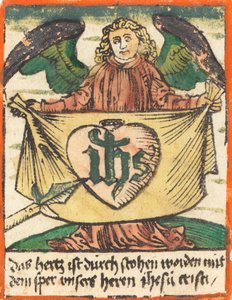 Sacred Monogram in a Sacred Heart on a Cloth Held by an Angel, c. 1480