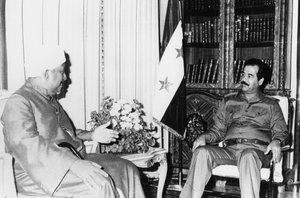 Saddam Hussein at a meeting, Iraq