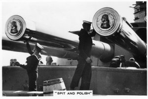 Sailors polishing the 16 inch guns of HMS Nelson