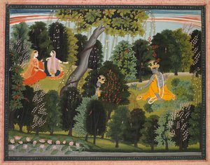 Sakhi Persuades Radha to Meet Krishna, from the Lambagraon Gita Govinda, c. 1820-1825