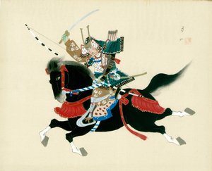 Samurai Warrior riding a horse. A Japanese painting on silk, in a traditional Japanese style by Unbekannt