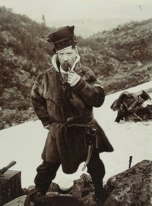 Sweden. Pipe-Smoking Sami with Typical Headgear. Around 1900 by Unbekannt