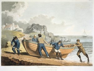 Seamen hauling a clinker-built dinghy up onto the shore