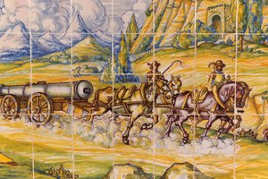Segovia, Segovia Province, Spain. Modern Ceramic Tile Painting of 16th Century Artillery Piece Being Drawn by Horses