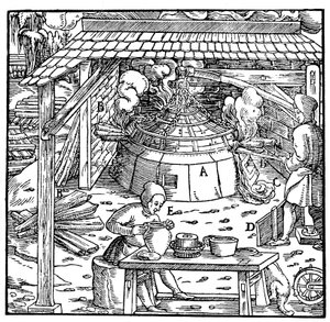 Separating lead from silver or gold in a cupellation furnace, 1556